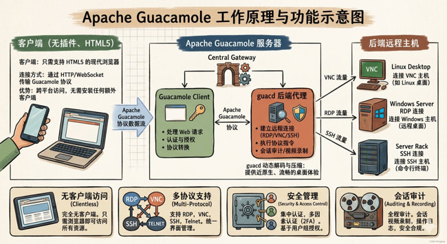 Apache Guacamole工作原理与功能示意图 Apache Guacamole工作原理与功能示意图